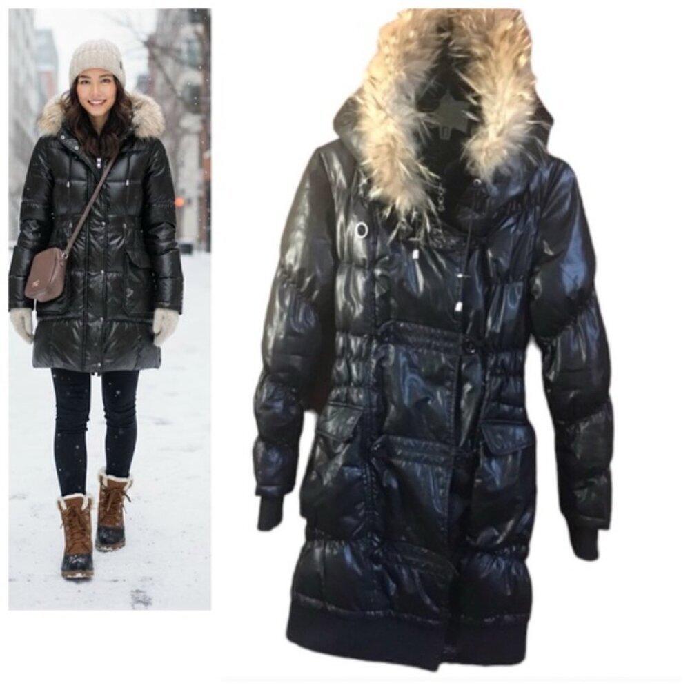 RUDSAK Down Hood Puffer Parka Winter Coat Vest Raccoon Fur Collar Jacket Zip XS